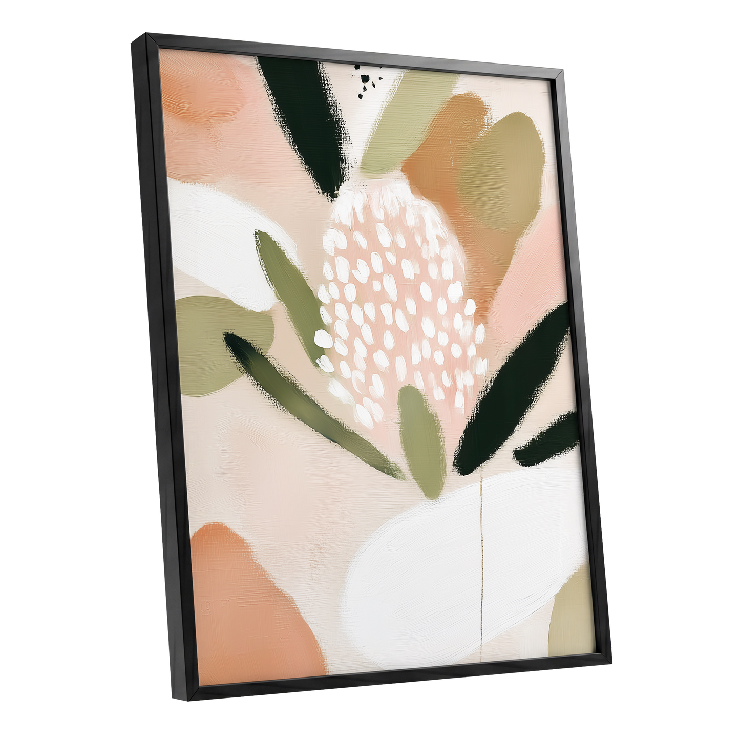 Petal Drift, pink, green, beige floral wall art shown as a black framed poster wall art print