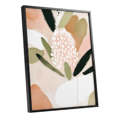 Petal Drift, pink, green, beige floral wall art shown as a black framed poster wall art print