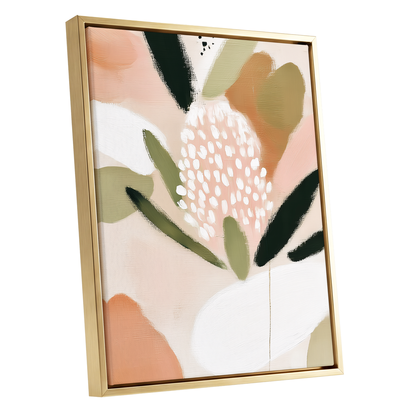 Petal Drift, pink, green, beige floral wall art shown as a gold framed canvas wall art