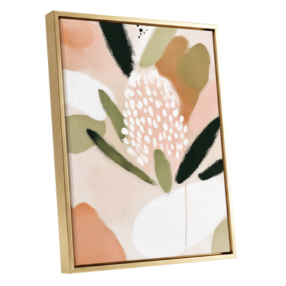 Petal Drift, pink, green, beige floral wall art shown as a gold framed canvas wall art