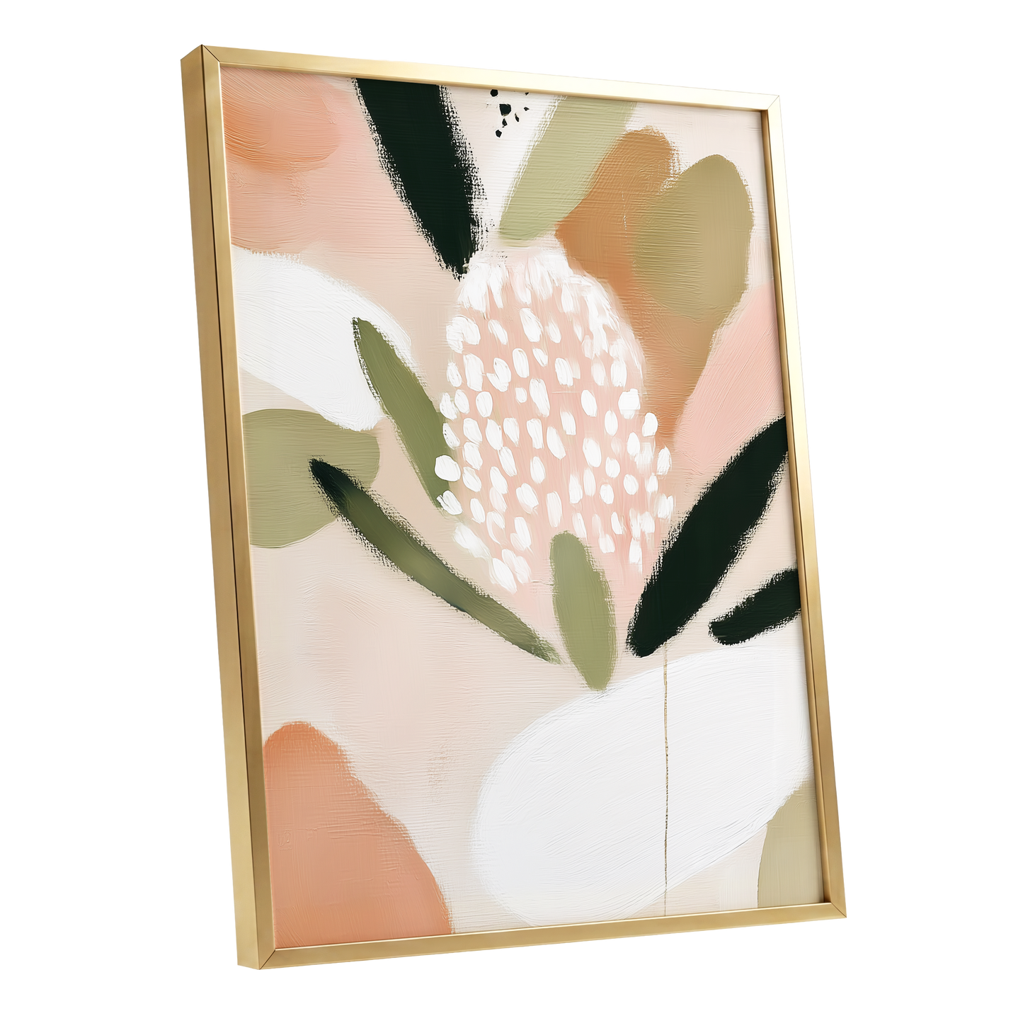 Petal Drift, pink, green, beige floral wall art shown as a gold framed poster wall art print