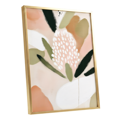 Petal Drift, pink, green, beige floral wall art shown as a gold framed poster wall art print