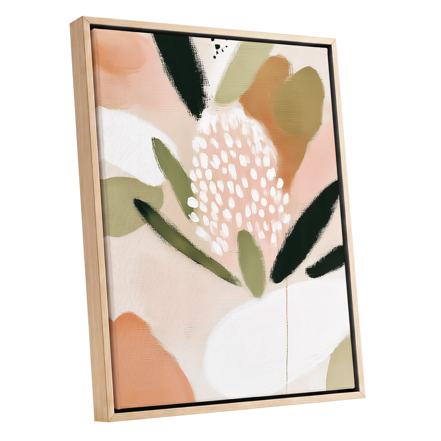 Petal Drift, pink, green, beige floral wall art shown as a oak framed canvas wall art