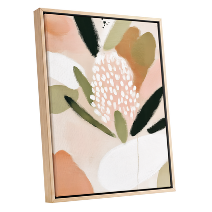 Petal Drift, pink, green, beige floral wall art shown as a oak framed canvas wall art