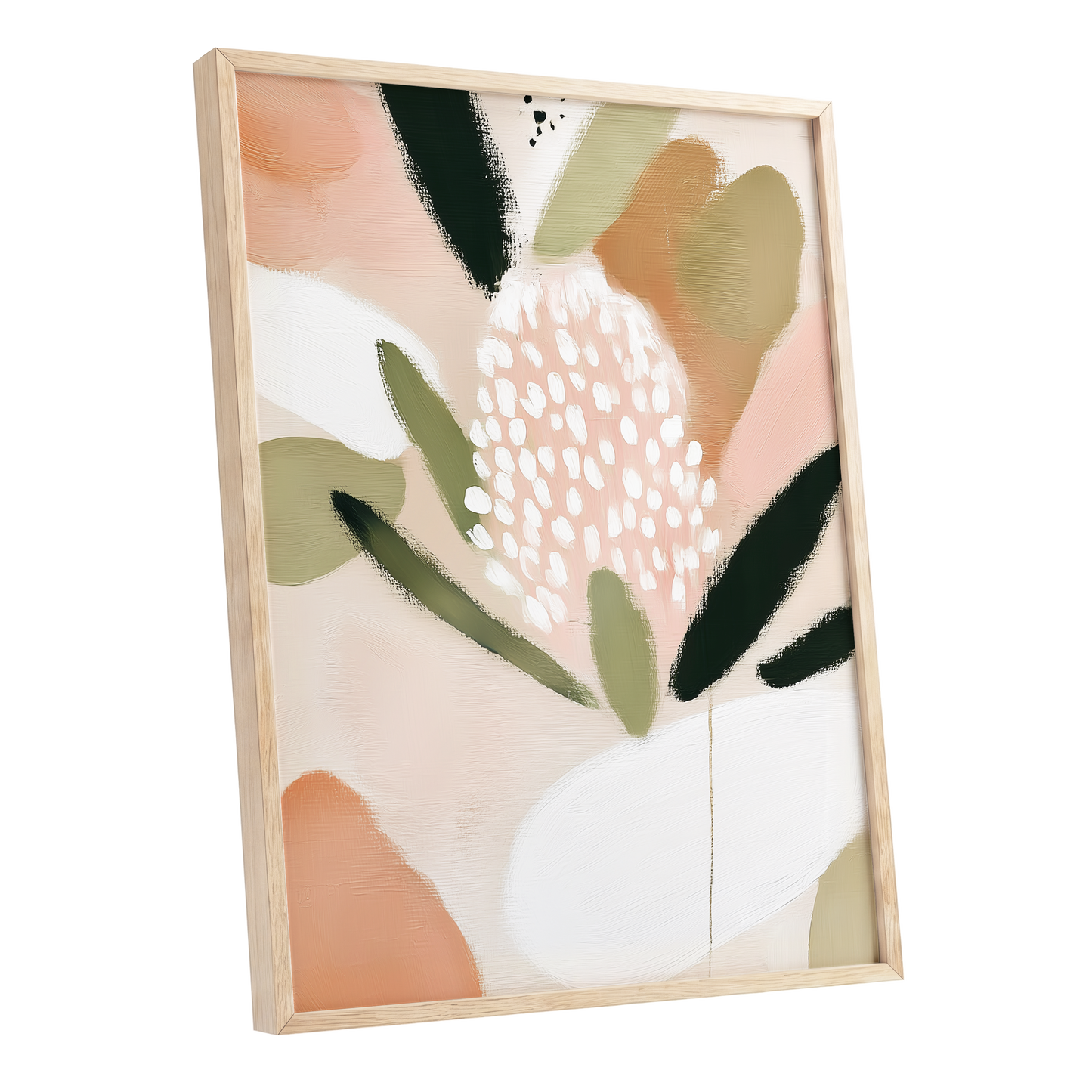 Petal Drift, pink, green, beige floral wall art shown as a oak framed poster wall art print