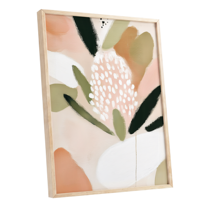 Petal Drift, pink, green, beige floral wall art shown as a oak framed poster wall art print