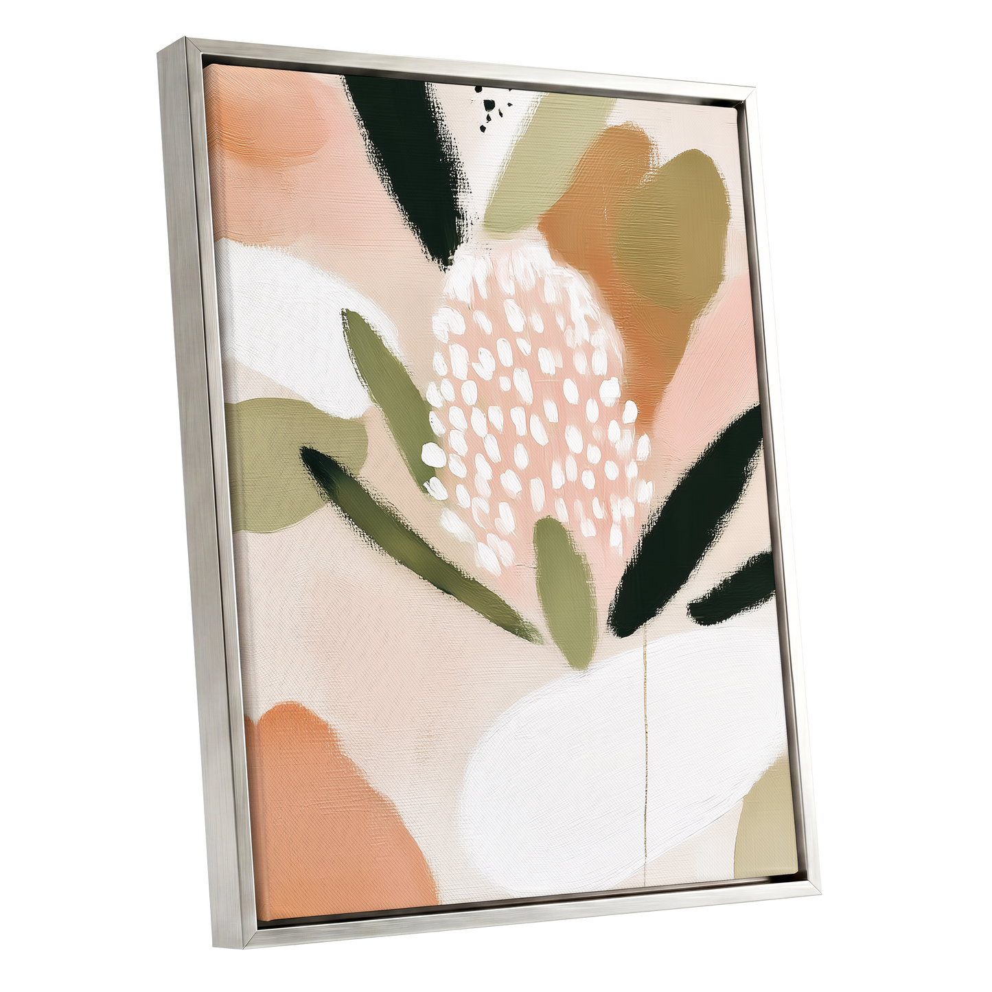 Petal Drift, pink, green, beige floral wall art shown as a silver framed canvas wall art
