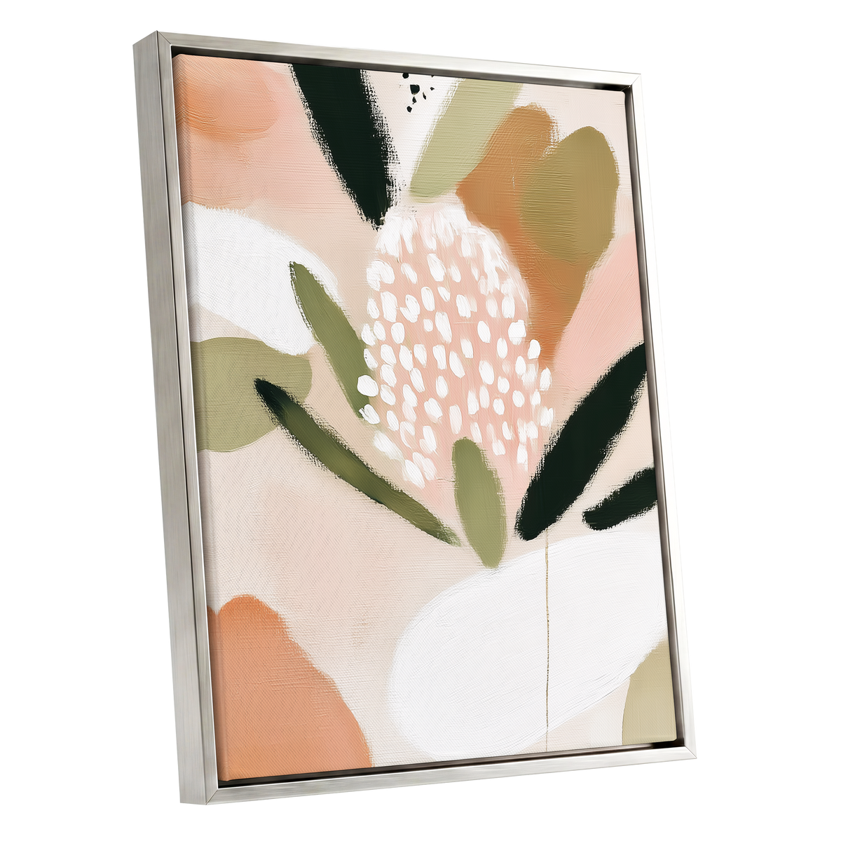 Petal Drift, pink, green, beige floral wall art shown as a silver framed canvas wall art