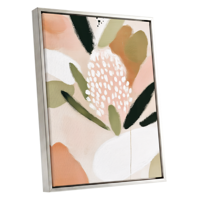Petal Drift, pink, green, beige floral wall art shown as a silver framed canvas wall art