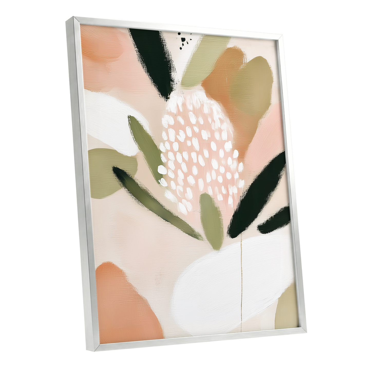 Petal Drift, pink, green, beige floral wall art shown as a silver framed poster wall art print