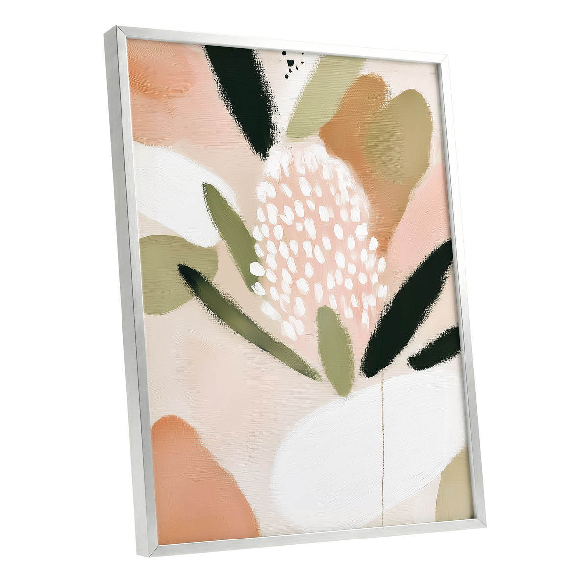 Petal Drift, pink, green, beige floral wall art shown as a silver framed poster wall art print