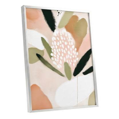 Petal Drift, pink, green, beige floral wall art shown as a silver framed poster wall art print