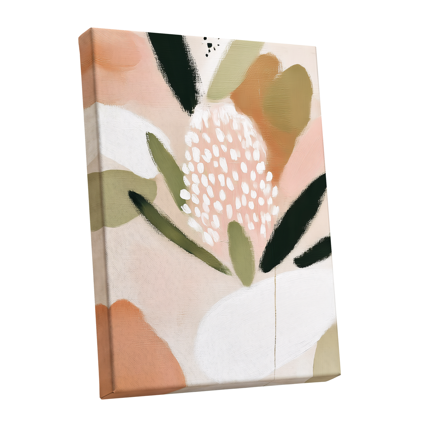 Petal Drift, pink, green, beige floral wall art shown as a stretched canvas wall art