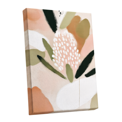Petal Drift, pink, green, beige floral wall art shown as a stretched canvas wall art