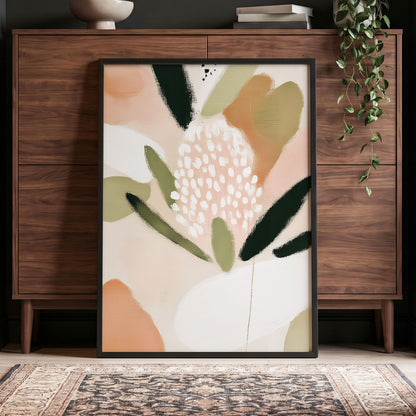 Petal Drift, pink, green, beige floral wall art displayed in a styled interior, gallery view 2