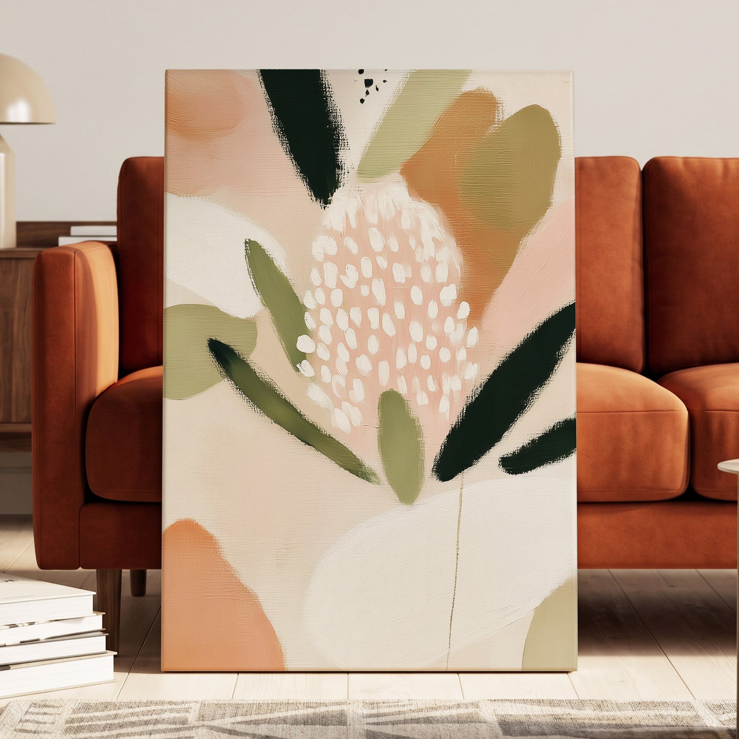 Petal Drift, pink, green, beige floral wall art displayed in a styled interior, gallery view 3
