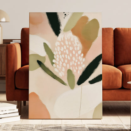 Petal Drift, pink, green, beige floral wall art displayed in a styled interior, gallery view 3