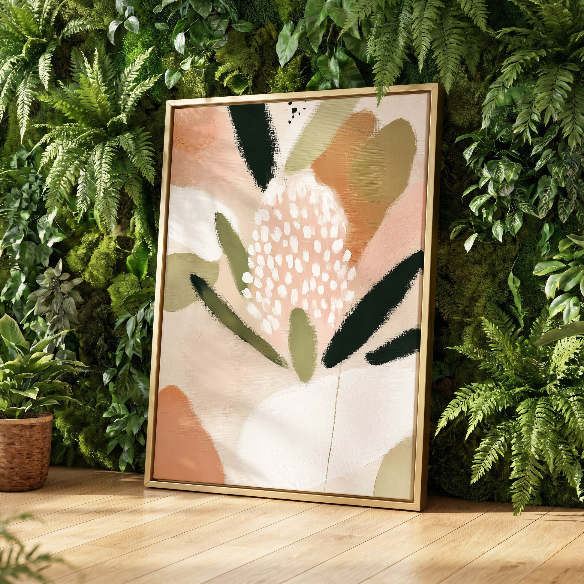 Petal Drift, pink, green, beige floral wall art displayed in a styled interior, gallery view 4