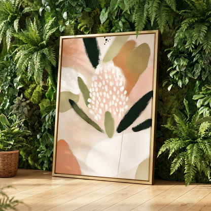 Petal Drift, pink, green, beige floral wall art displayed in a styled interior, gallery view 4