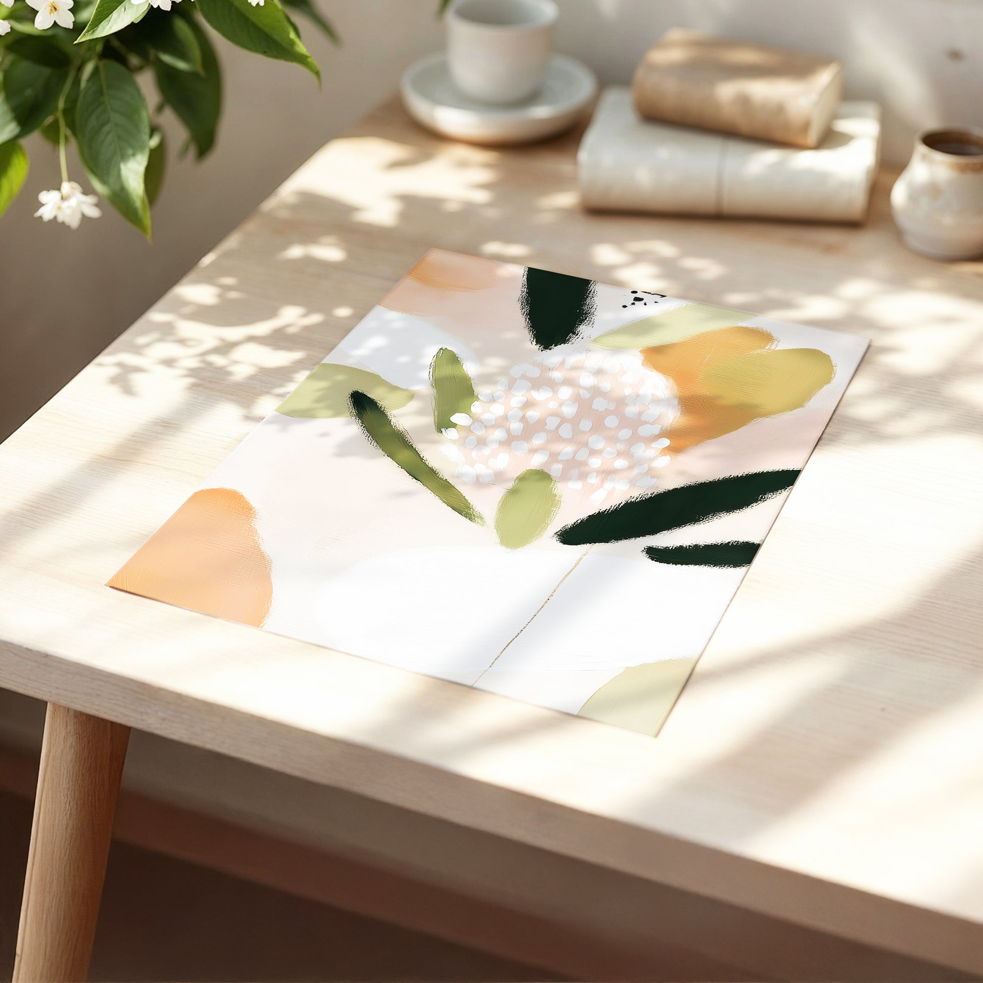 Petal Drift, pink, green, beige floral wall art displayed in a styled interior, gallery view 5