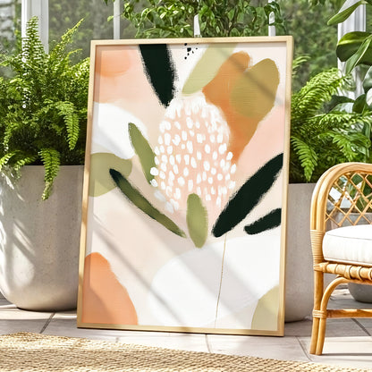 Petal Drift, pink, green, beige floral wall art displayed in a styled interior, gallery view 6