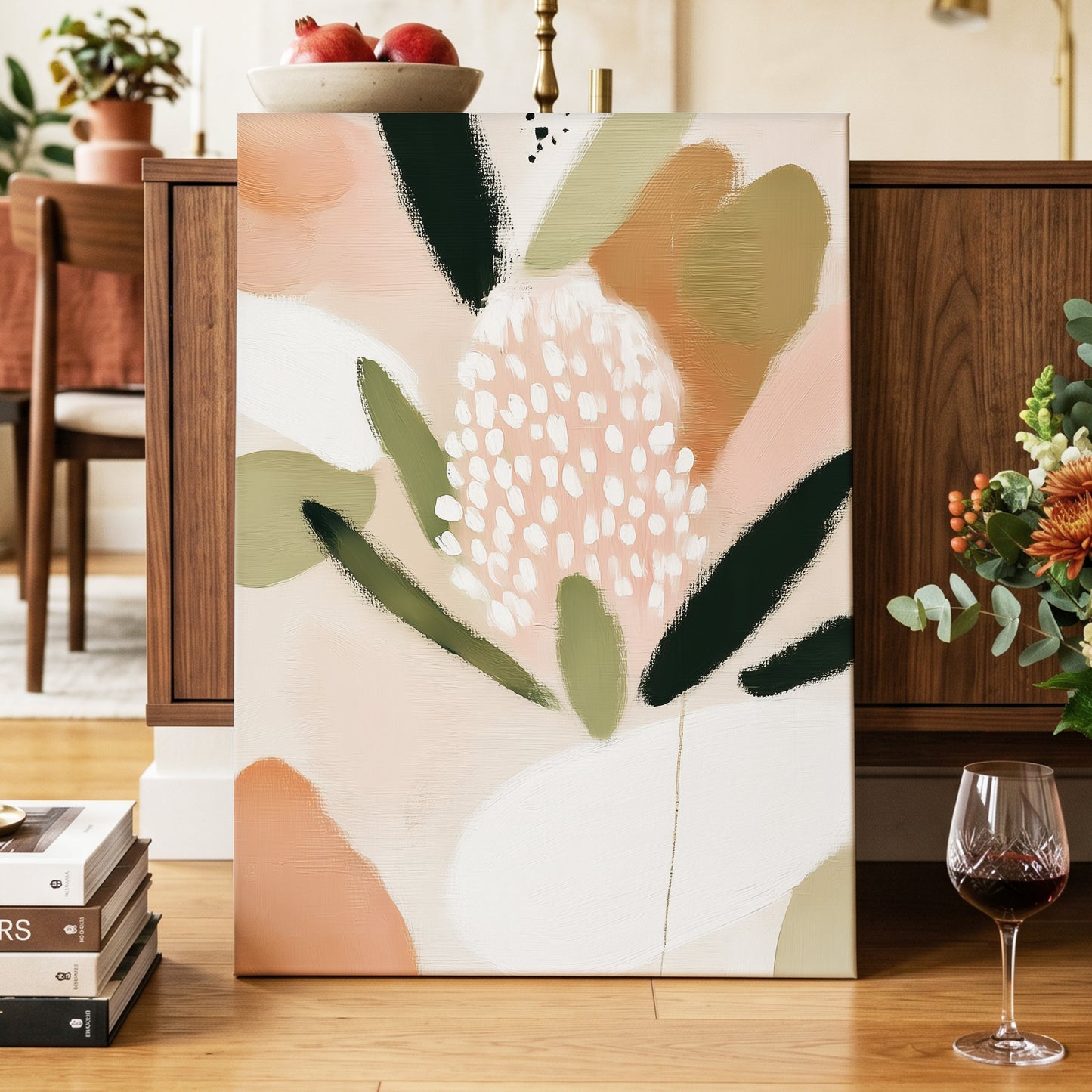 Petal Drift, pink, green, beige floral wall art displayed in a styled interior, gallery view 7