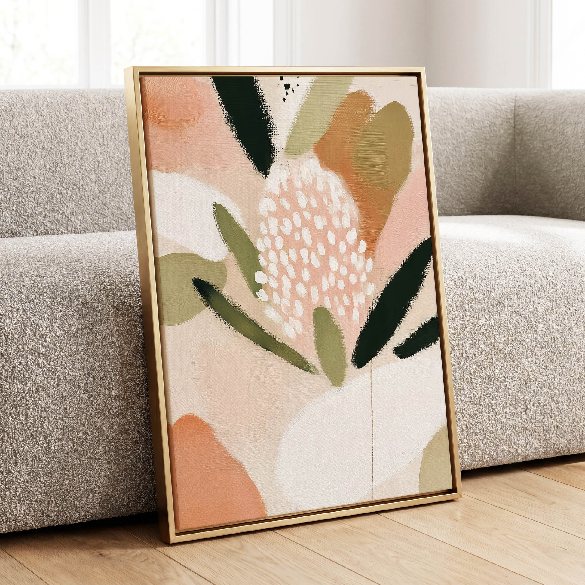 Petal Drift, pink, green, beige floral wall art displayed in a styled interior, gallery view 8
