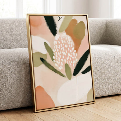 Petal Drift, pink, green, beige floral wall art displayed in a styled interior, gallery view 8