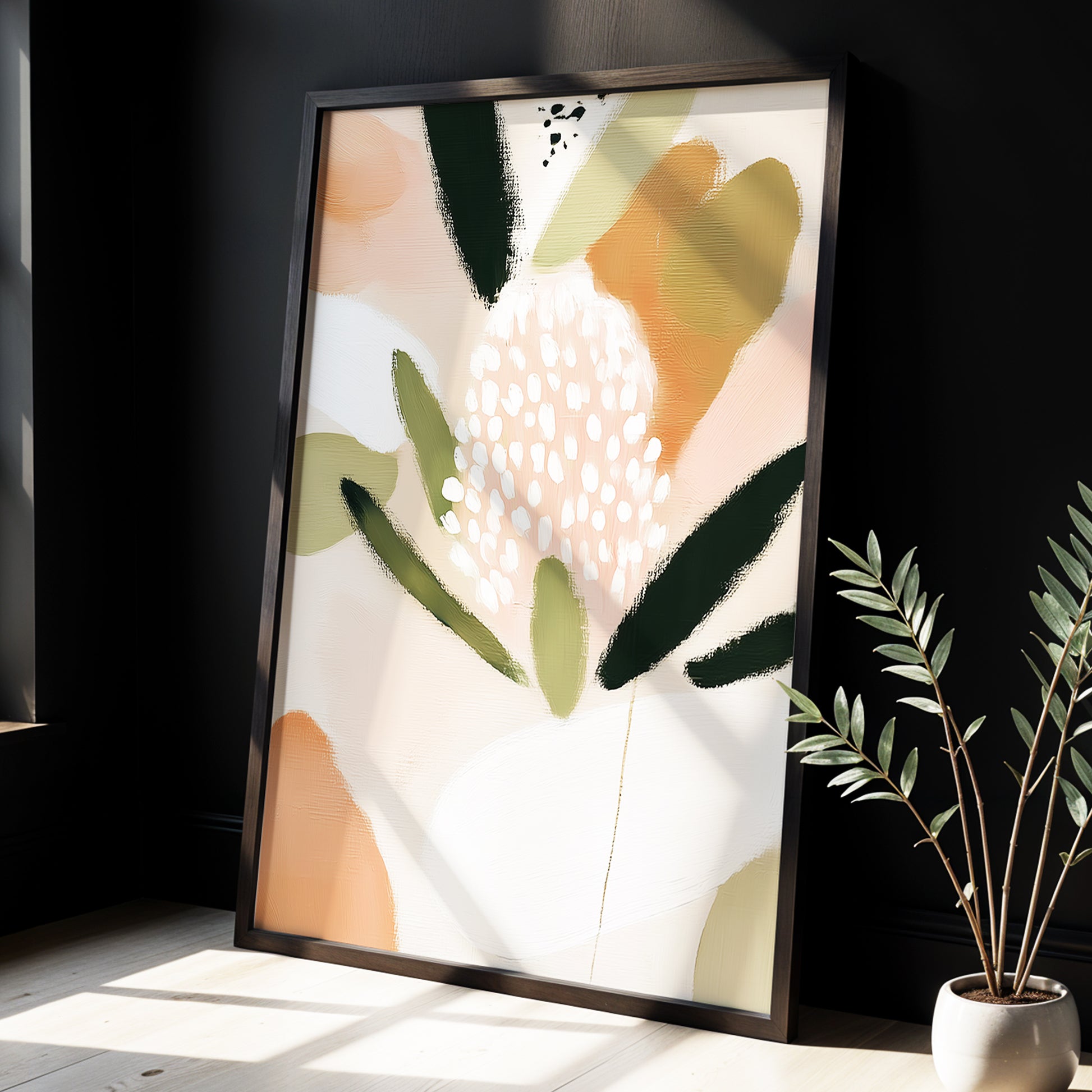 Petal Drift, pink, green, beige floral wall art displayed in a styled interior, gallery view 9