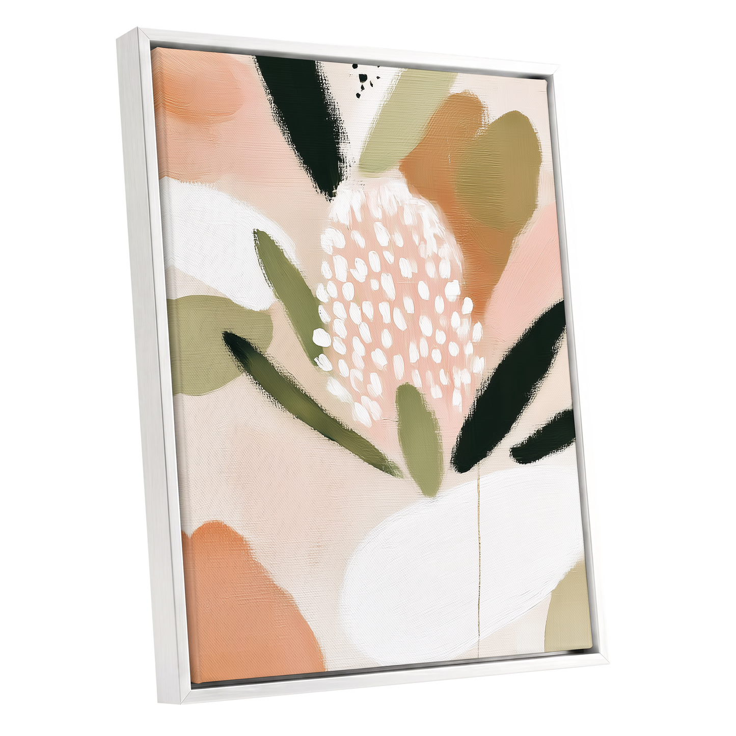 Petal Drift, pink, green, beige floral wall art shown as a white framed canvas wall art