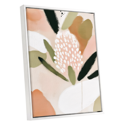 Petal Drift, pink, green, beige floral wall art shown as a white framed canvas wall art