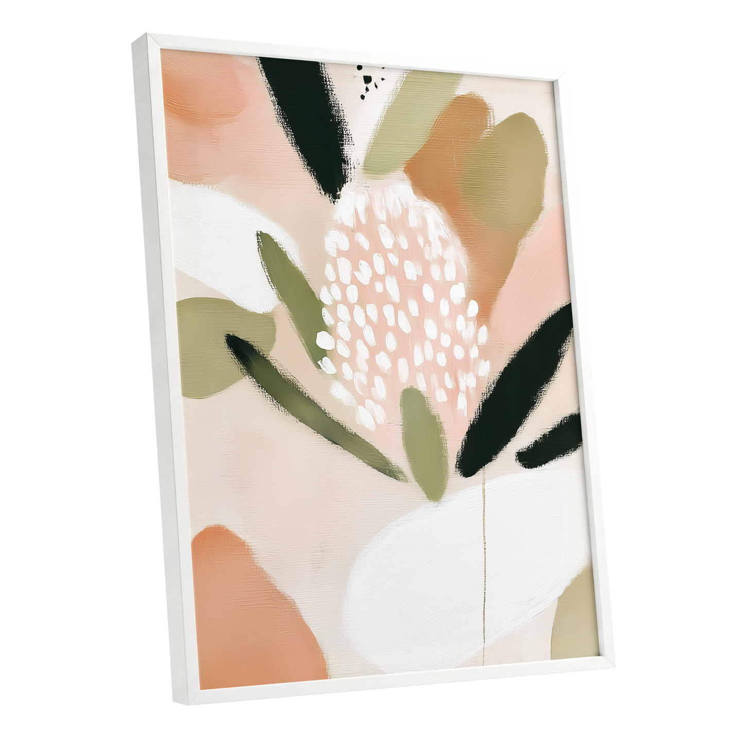 Petal Drift, pink, green, beige floral wall art shown as a white framed poster wall art print
