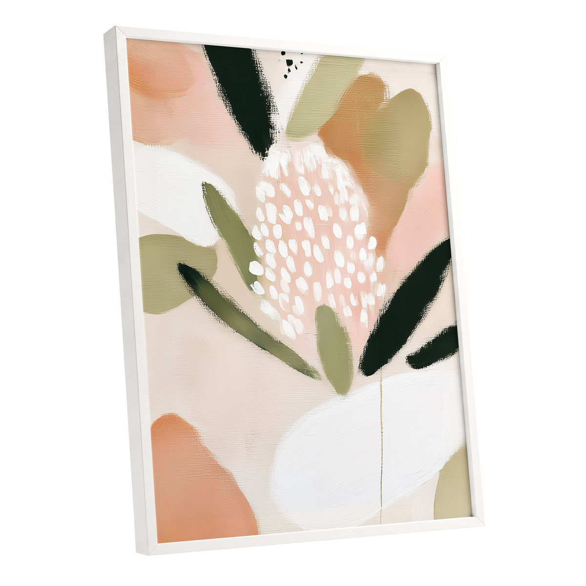 Petal Drift, pink, green, beige floral wall art shown as a white framed poster wall art print