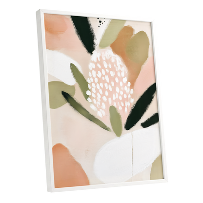 Petal Drift, pink, green, beige floral wall art shown as a white framed poster wall art print