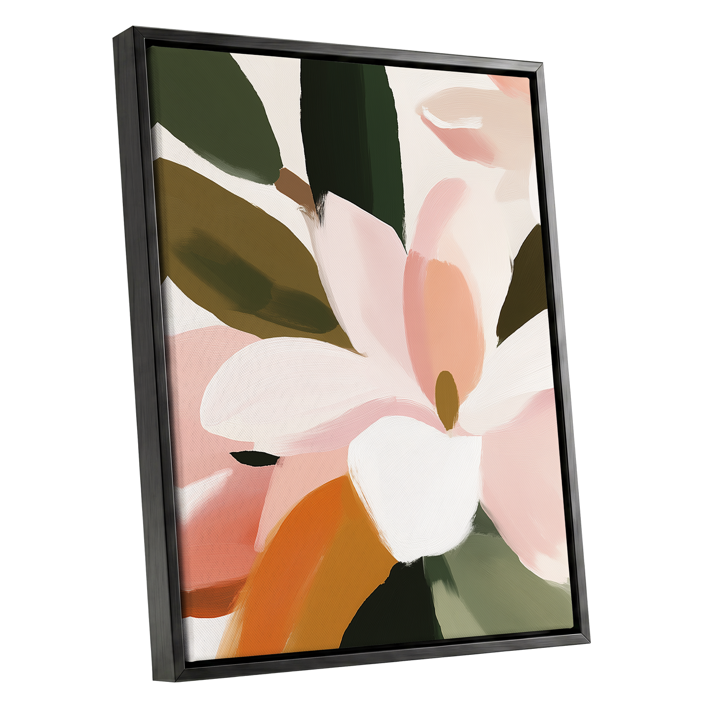 Petal Grove, pink, white, green floral wall art shown as a black framed canvas wall art