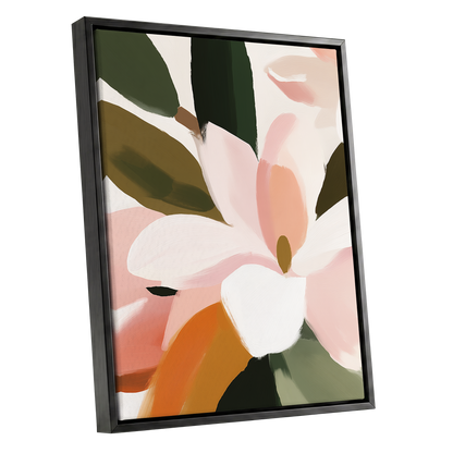 Petal Grove, pink, white, green floral wall art shown as a black framed canvas wall art