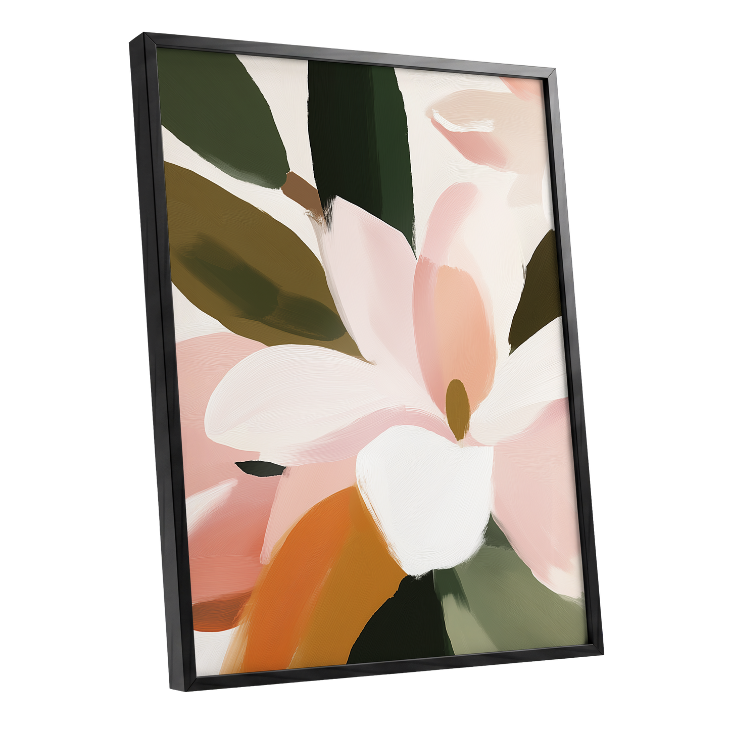 Petal Grove, pink, white, green floral wall art shown as a black framed poster wall art print