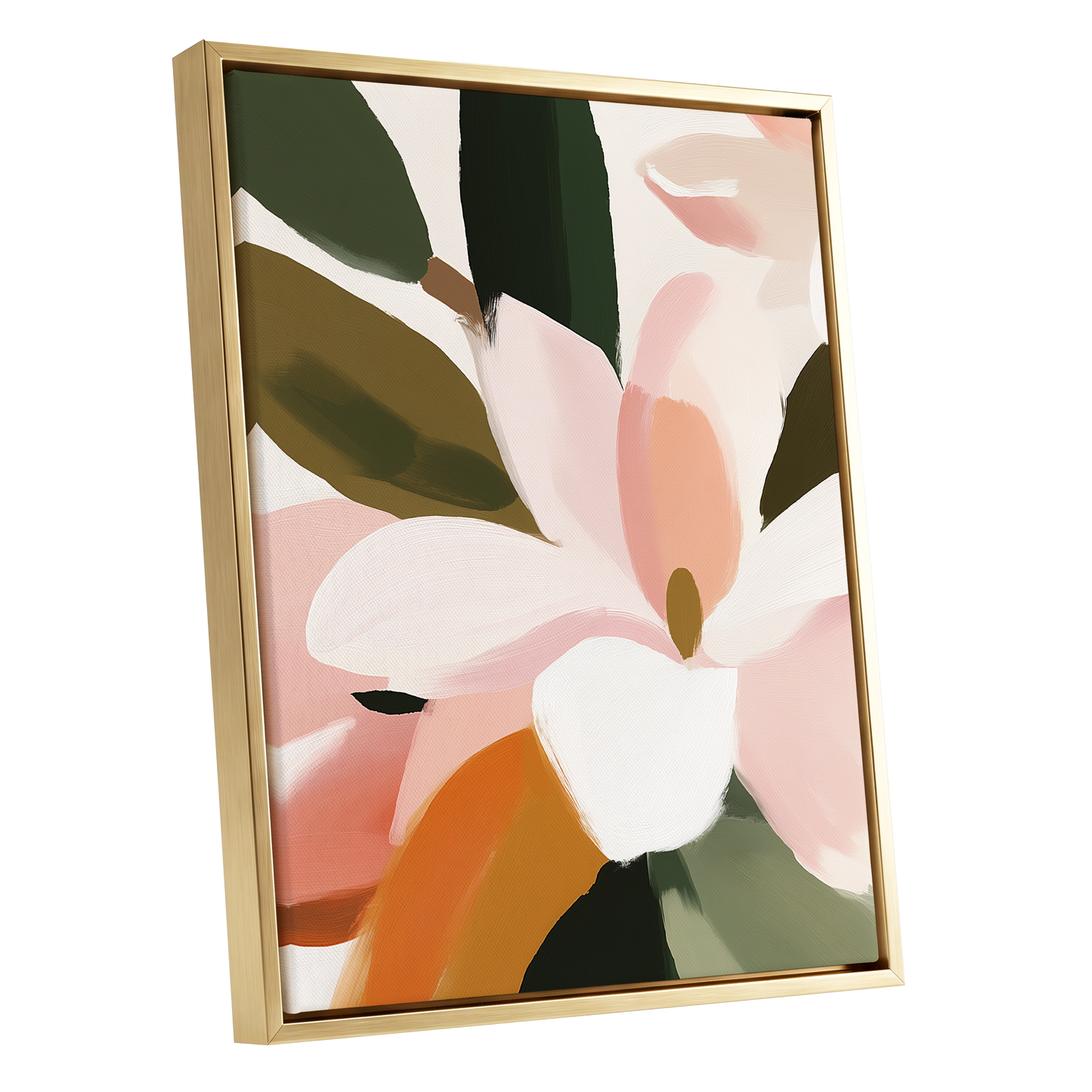 Petal Grove, pink, white, green floral wall art shown as a gold framed canvas wall art