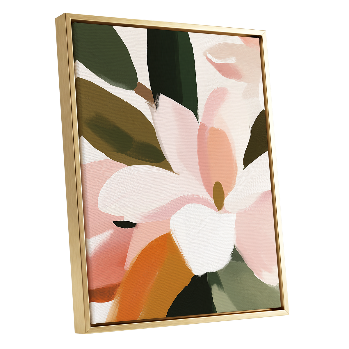 Petal Grove, pink, white, green floral wall art shown as a gold framed canvas wall art