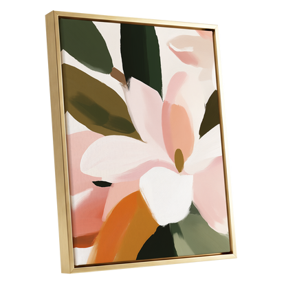 Petal Grove, pink, white, green floral wall art shown as a gold framed canvas wall art