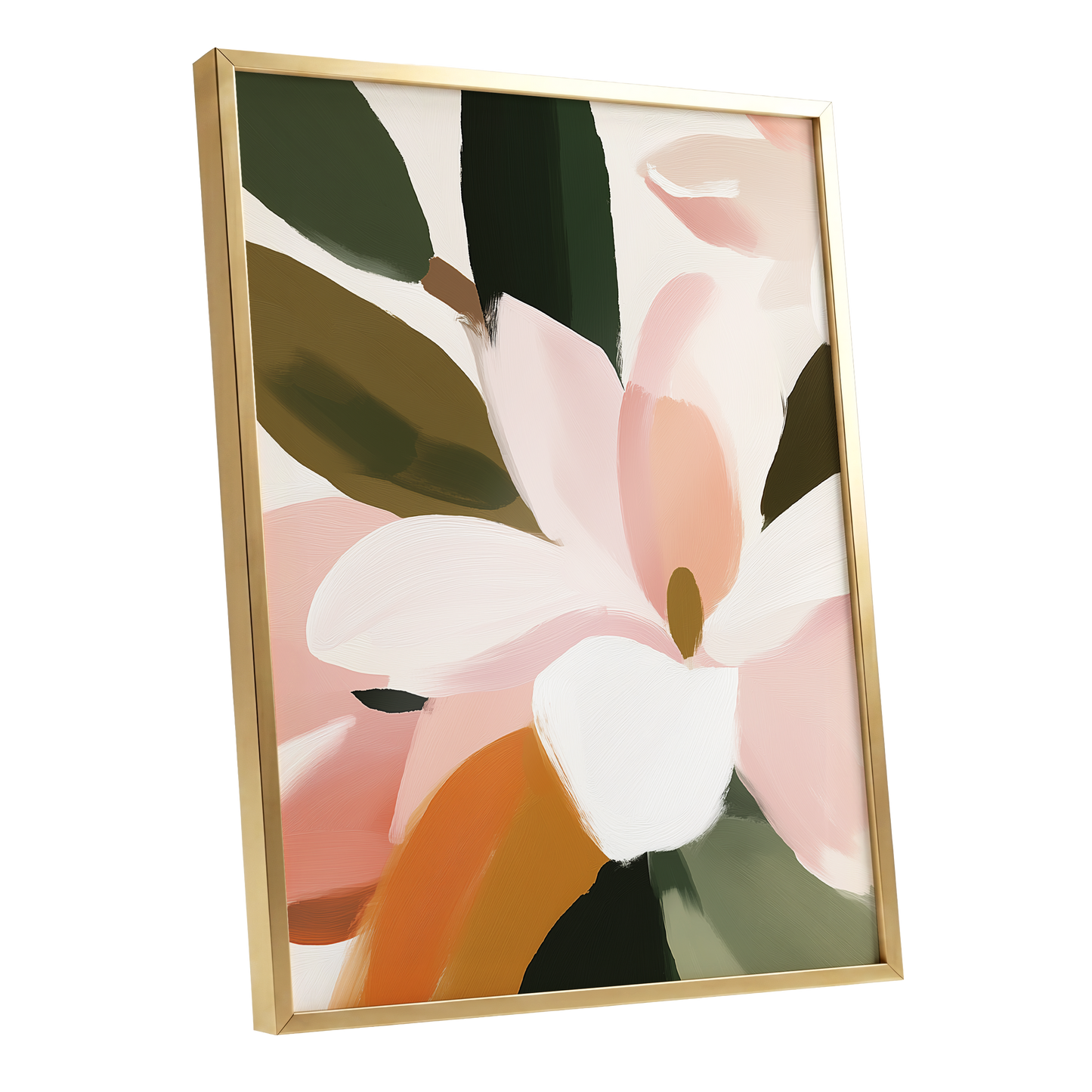 Petal Grove, pink, white, green floral wall art shown as a gold framed poster wall art print