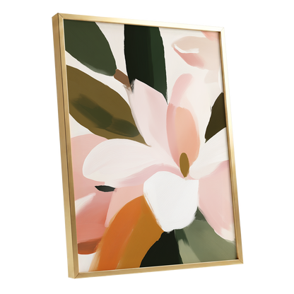 Petal Grove, pink, white, green floral wall art shown as a gold framed poster wall art print