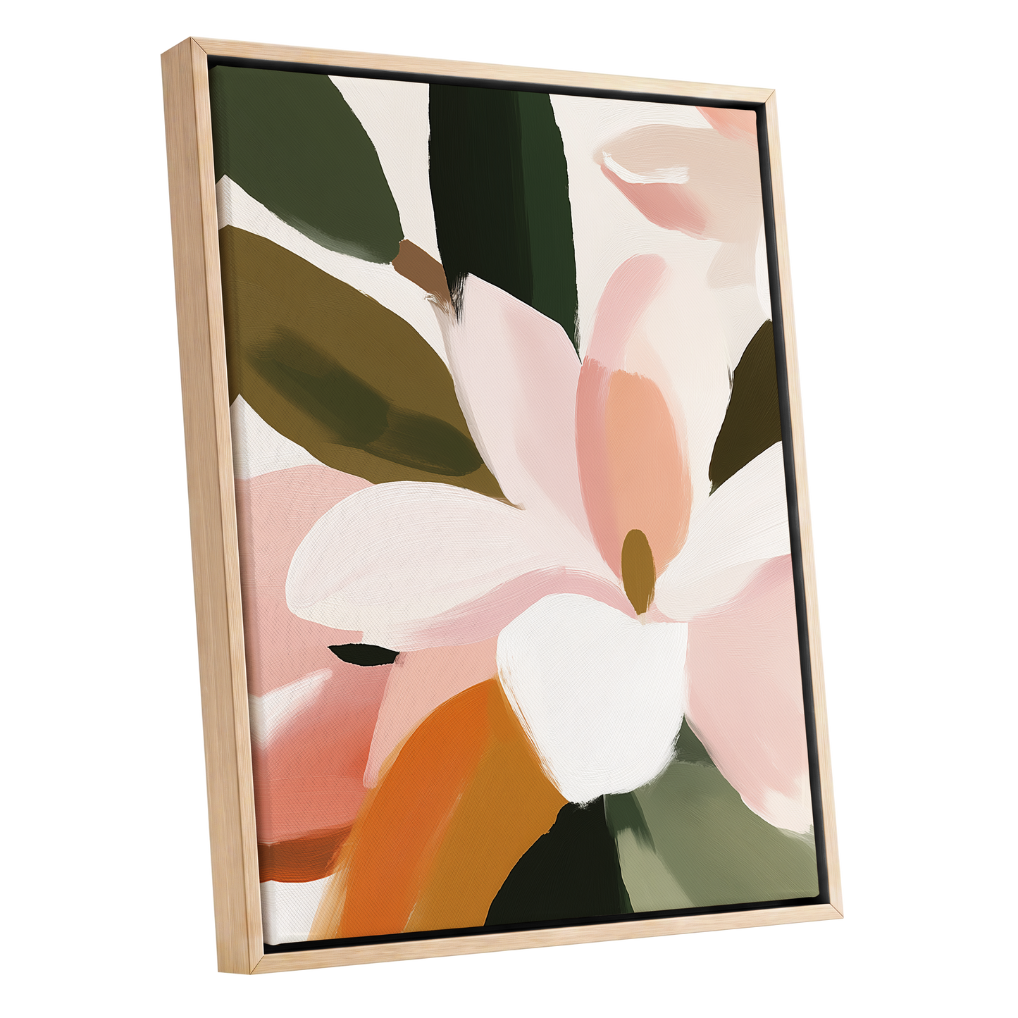 Petal Grove, pink, white, green floral wall art shown as a oak framed canvas wall art