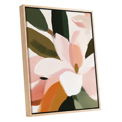 Petal Grove, pink, white, green floral wall art shown as a oak framed canvas wall art