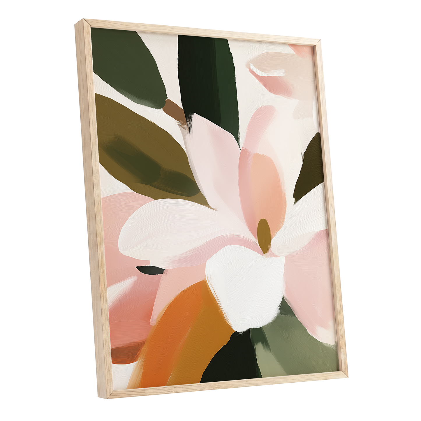 Petal Grove, pink, white, green floral wall art shown as a oak framed poster wall art print