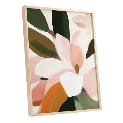 Petal Grove, pink, white, green floral wall art shown as a oak framed poster wall art print