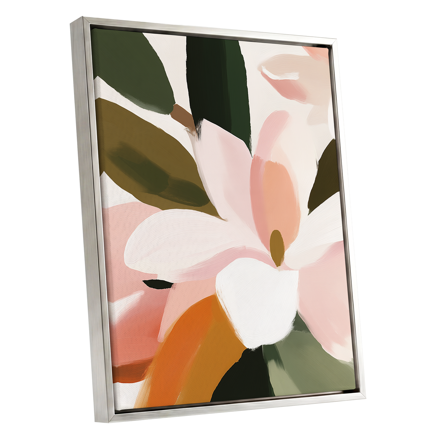 Petal Grove, pink, white, green floral wall art shown as a silver framed canvas wall art