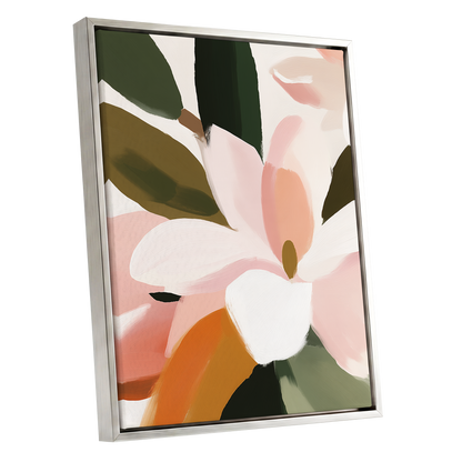 Petal Grove, pink, white, green floral wall art shown as a silver framed canvas wall art