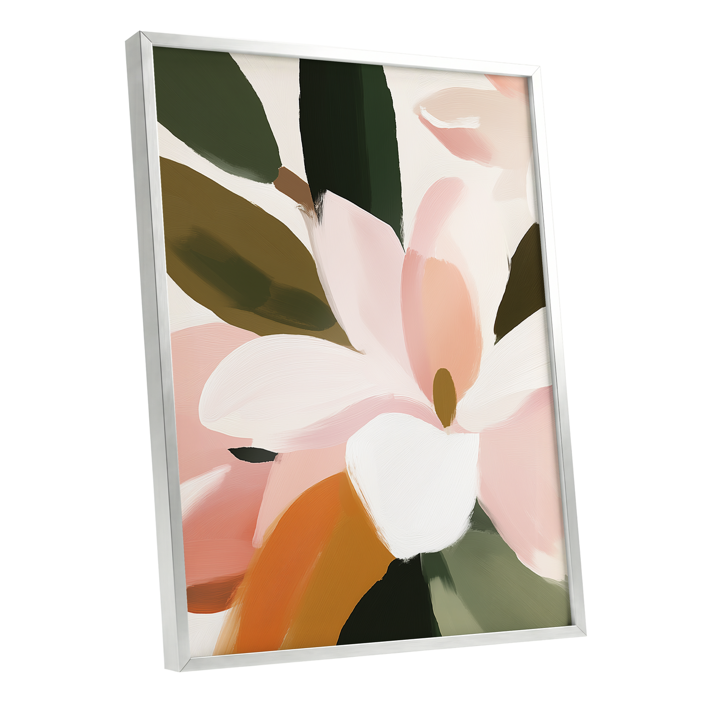 Petal Grove, pink, white, green floral wall art shown as a silver framed poster wall art print