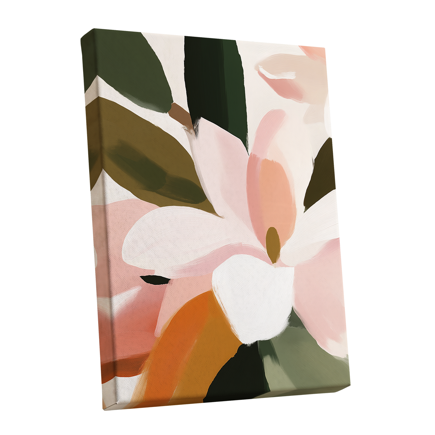 Petal Grove, pink, white, green floral wall art shown as a stretched canvas wall art
